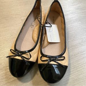 Beige and Black Flats with Bow